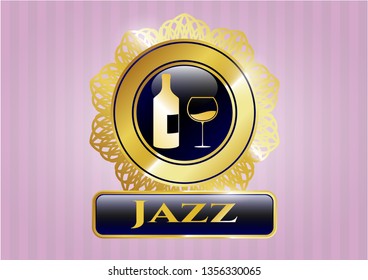  Shiny badge with bottle and glass of wine icon and Jazz text inside