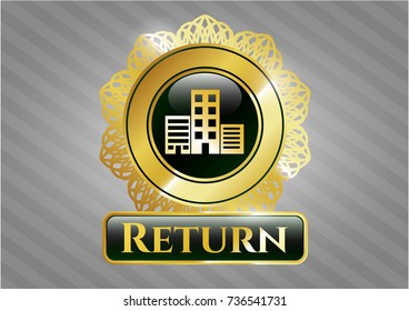  Shiny badge with buildings icon and Return text inside