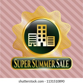  Shiny badge with buildings icon and Super Summer Sale text inside