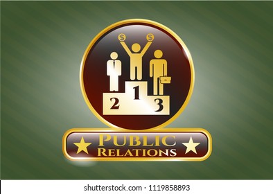  Shiny badge with business competition, podium icon and Public Relations text inside