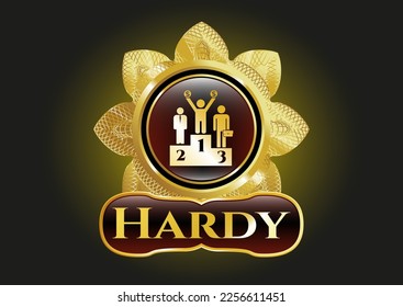 Shiny badge with business competition, podium icon and Hardy text inside