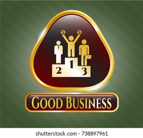  Shiny badge with business competition, podium icon and Good Business text inside