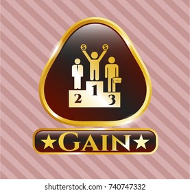 Shiny badge with business competition, podium icon and Gain text inside