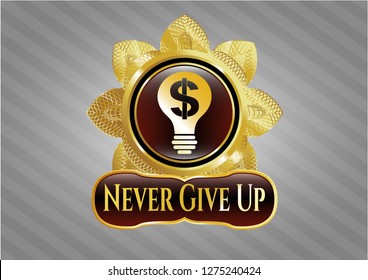  Shiny badge with business idea icon and Never Give Up text inside
