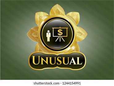  Shiny badge with business presentation icon and Unusual text inside