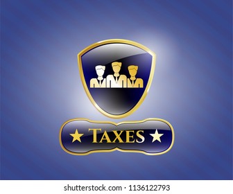 Shiny badge with business teamwork icon and Taxes text inside