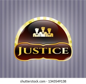  Shiny badge with business teamwork icon and Justice text inside