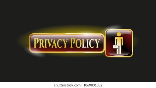  Shiny badge with businessman holding briefcase icon and Privacy Policy text inside