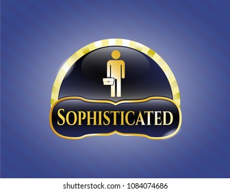   Shiny badge with businessman holding briefcase icon and Sophisticated text inside
