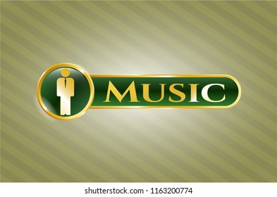  Shiny badge with businessman icon and Music text inside