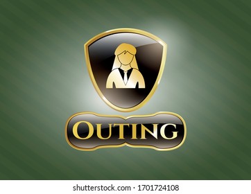  Shiny badge with businesswoman icon and Outing text inside