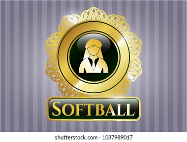  Shiny badge with businesswoman icon and Softball text inside