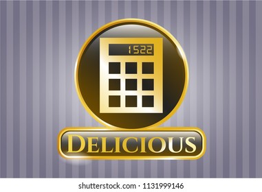  Shiny badge with calculator icon and Delicious text inside