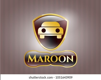  Shiny badge with car seen from front icon and Maroon text inside