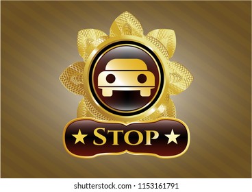  Shiny badge with car seen from front icon and Stop text inside