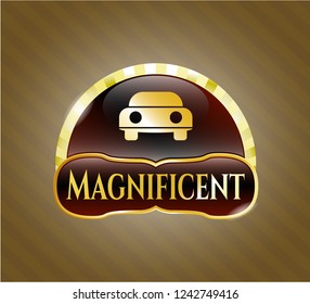  Shiny badge with car seen from front icon and Magnificent text inside