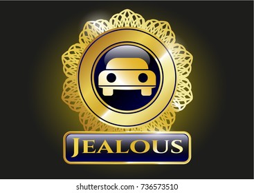  Shiny badge with car seen from front icon and Jealous text inside