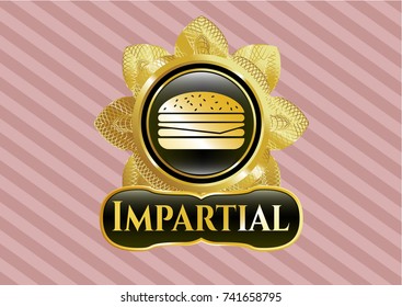  Shiny badge with cheeseburger icon and Impartial text inside