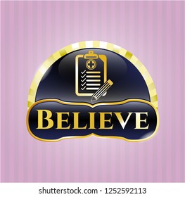  Shiny badge with clinic history icon and Believe text inside