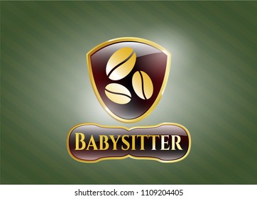 Shiny badge with coffee bean icon and Babysitter text inside Shiny badge with coffee bean icon and Babysitter text inside