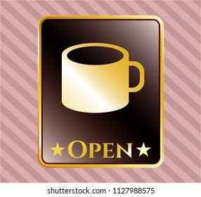  Shiny badge with coffee cup icon and Open text inside