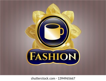  Shiny badge with coffee cup icon and Fashion text inside