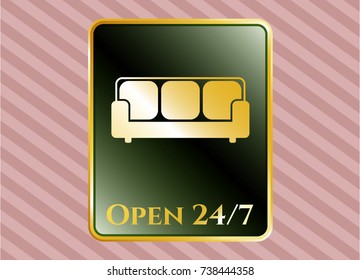  Shiny badge with couch icon and Open 24/7 text inside