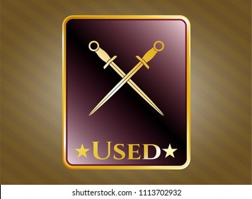 Shiny badge with crossed swords icon and Used text inside 