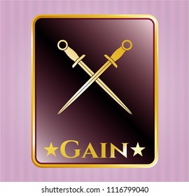  Shiny badge with crossed swords icon and Gain text inside
