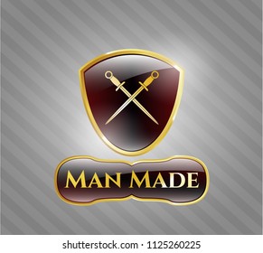  Shiny badge with crossed swords icon and Man Made text inside