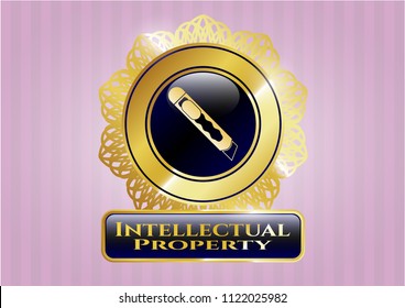  Shiny badge with cutter icon and Intellectual property text inside