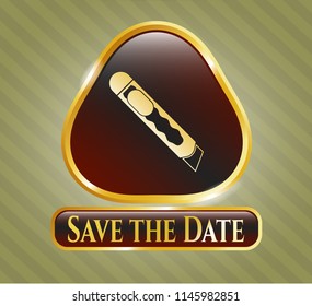  Shiny badge with cutter icon and Save the Date text inside