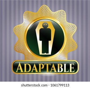   Shiny badge with dead man in his coffin icon and Adaptable text inside