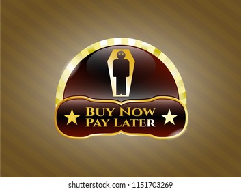  Shiny badge with dead man in his coffin icon and Buy Now Pay Later text inside