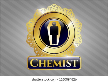  Shiny badge with dead man in his coffin icon and Chemist text inside