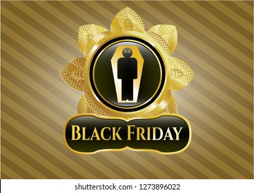  Shiny badge with dead man in his coffin icon and Black Friday text inside