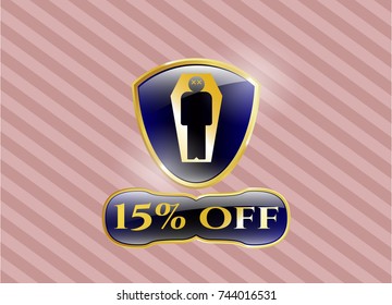  Shiny badge with dead man in his coffin icon and 15% off text inside