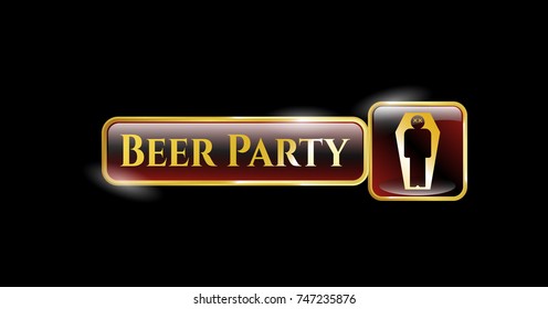  Shiny badge with dead man in his coffin icon and Beer Party text inside