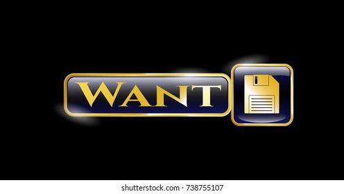  Shiny badge with diskette icon and Want text inside