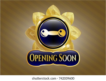  Shiny badge with dumbbell icon and Opening Soon text inside