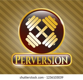  Shiny badge with dumbbell icon and Perversion text inside