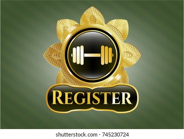  Shiny badge with dumbbell icon and Register text inside