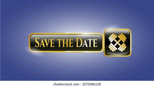  Shiny badge with dumbbell icon and Save the Date text inside