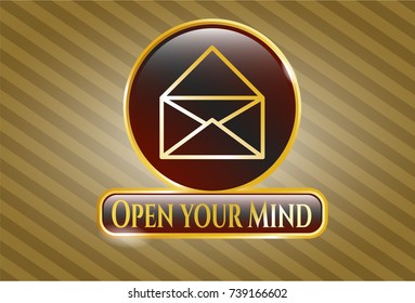 Shiny badge with envelope icon and Open your Mind text inside