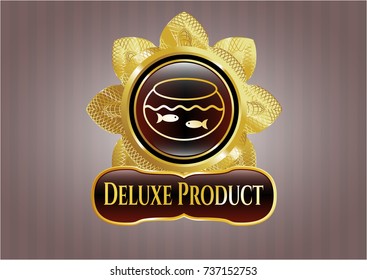 Shiny badge with fishbowl with fish icon and Deluxe Product text inside Shiny badge with fishbowl with fish icon and Deluxe Product text inside