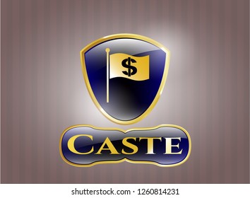  Shiny badge with flag with money symbol inside icon and Caste text inside
