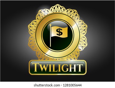  Shiny badge with flag with money symbol inside icon and Twilight text inside