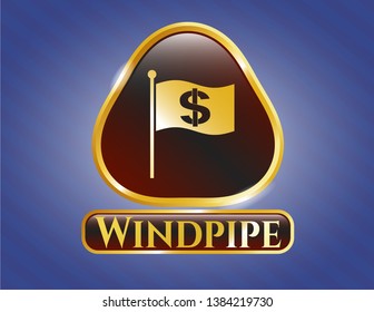  Shiny badge with flag with money symbol inside icon and Windpipe text inside