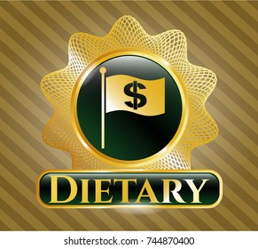  Shiny badge with flag with money symbol inside icon and Dietary text inside