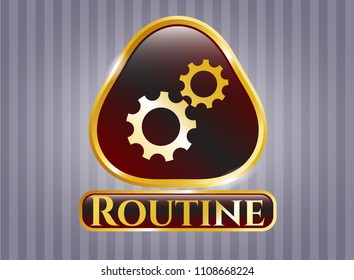 Shiny badge with gear, team work icon and Routine text inside